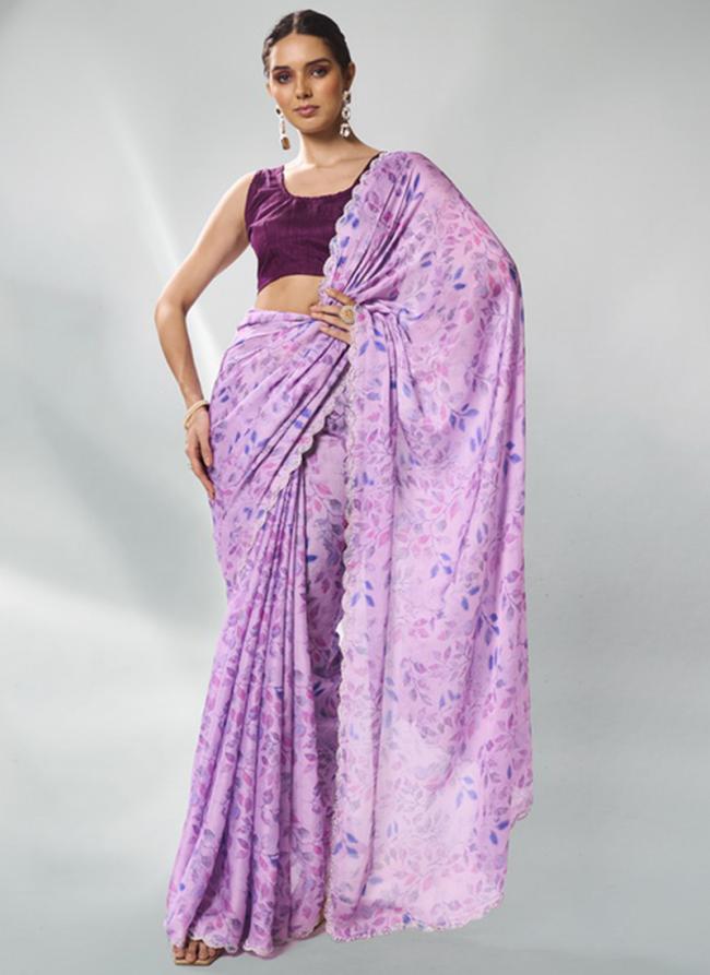 Satin Georgette Lavender Ceremonial Wear Printed Saree